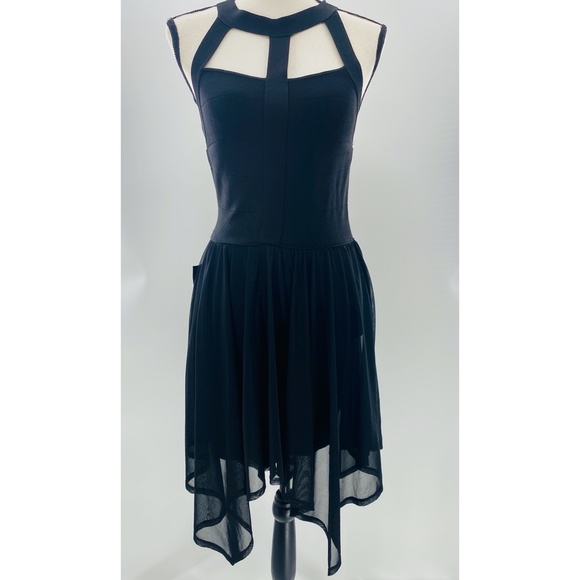 NWT Bebe 2-Fer Black Bandag/ Bodycon  Handkerchief Skirt Cutout Dress - Picture 2 of 15
